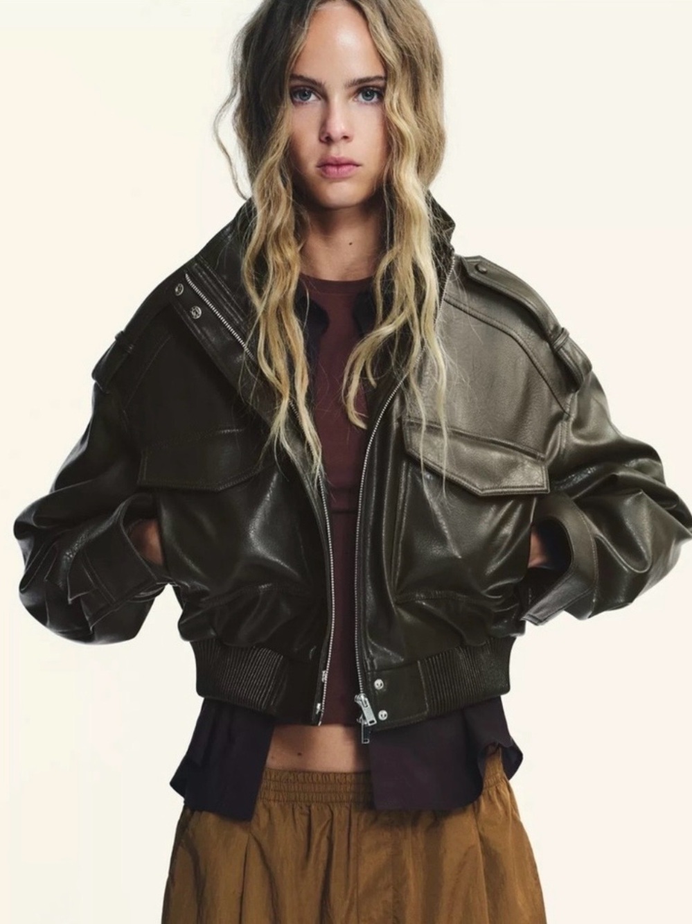 Zara  Cropped Leather Bomber Jacket